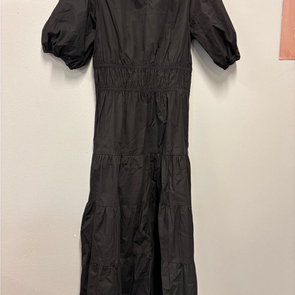 GREYLIN Gloria Poplin Tiered Dress BlackTie waist Midi Puff Sleeve Shirred Waist - Picture 4 of 8